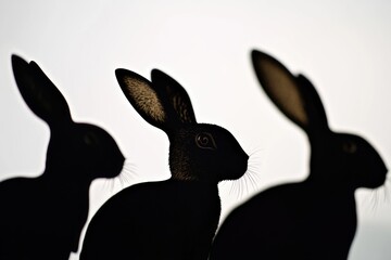 Fototapeta premium Three rabbits sitting together, one standing, illustration