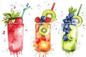 Three colorful cocktails with fresh fruits and garnishes, perfect for summer parties or social media content
