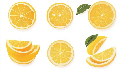 Obraz premium A fresh and juicy lemon fruit, with a slice and half, isolated on a white background. The image features a collection or set of lemons, with clean clipping paths for a crisp and vibrant presentation.