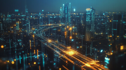 Obraz premium Smart digital Innovation city with connection network reciprocity over the cityscape. of future smart wireless digital city and social media networking systems that connects people with in city