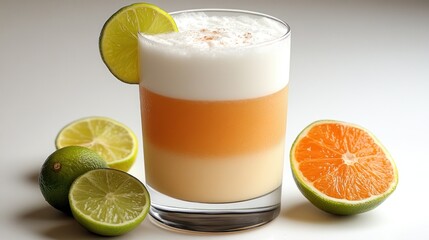 Layered pisco sour cocktail in rocks glass with lime and orange slices.