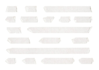 collection of peeled adhesive tape strips, masking tape, scotch tape pieces on transparent...