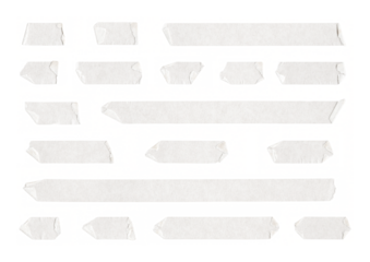 collection of peeled adhesive tape strips, masking tape, scotch tape pieces on transparent background, isolated, extracted, png file