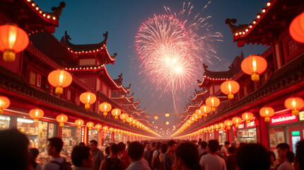 Chinese New Year celebration on street with red lanterns and fireworks