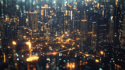 Smart digital Innovation city with connection network reciprocity over the cityscape. of future smart wireless digital city and social media networking systems that connects people with in city