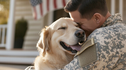 Military Officer Reunited with Dog on Suburban Porch