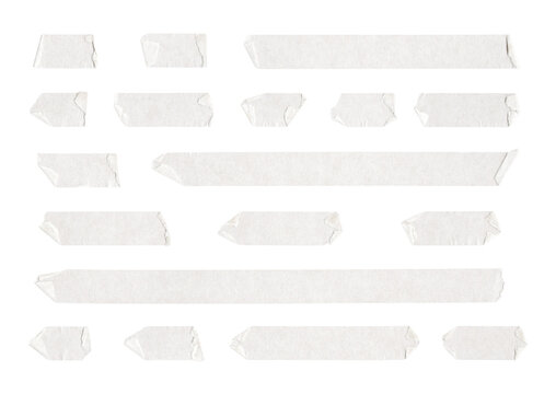 collection of peeled adhesive tape strips, masking tape, scotch tape pieces on transparent background, isolated, extracted, png file