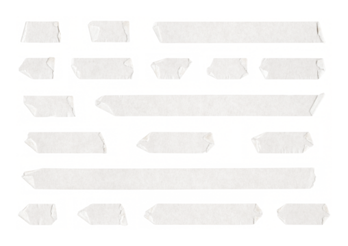 collection of peeled adhesive tape strips, masking tape, scotch tape pieces on transparent background, isolated, extracted, png file
