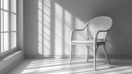 White wicker chair in sunlit room.