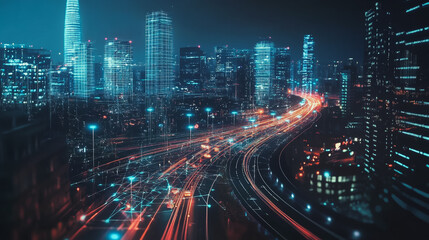 Fototapeta premium Smart digital Innovation city with connection network reciprocity over the cityscape. of future smart wireless digital city and social media networking systems that connects people with in city