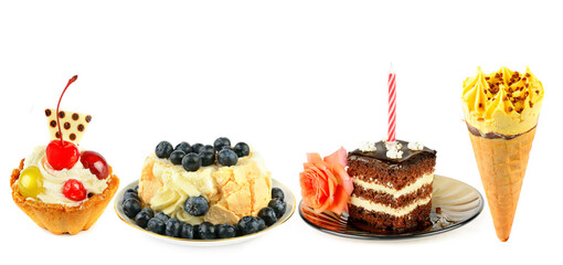 Sweet pastries and other desserts isolated on white . Wide photo. Collage. © alinamd