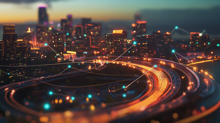 Smart digital Innovation city with connection network reciprocity over the cityscape. of future smart wireless digital city and social media networking systems that connects people with in city