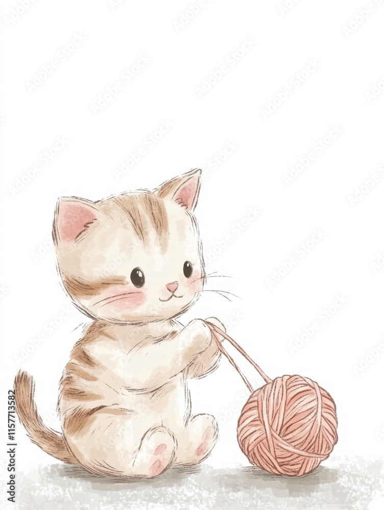 Poster Cute kitten joyfully playing with a yarn ball in a bright and playful setting with space for your text. Generative AI