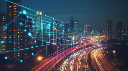 Fototapeta premium Smart digital Innovation city with connection network reciprocity over the cityscape. of future smart wireless digital city and social media networking systems that connects people with in city