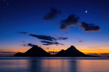 The sky is dark and cloudy, with a few stars visible