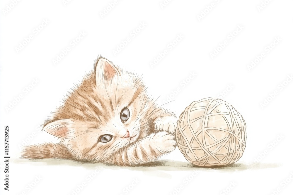 Poster cute kitten plays with a soft ball of yarn in a cozy indoor setting featuring ample copy space. gene