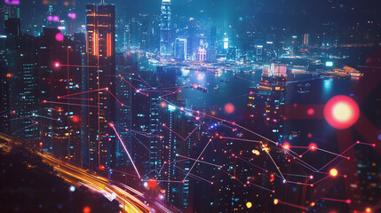 Obraz premium Smart digital Innovation city with connection network reciprocity over the cityscape. of future smart wireless digital city and social media networking systems that connects people with in city