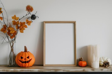 Spooky Halloween Home Decor Mockup with Wooden Frame and Jack O' Lantern