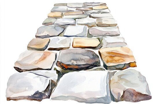 A serene watercolor depiction of a worn cobblestone road, perfect for use in travel, architecture or nature-themed projects