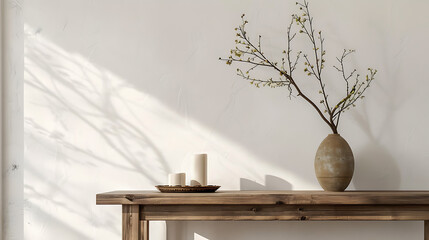 Obraz premium traditional home interior wall mockup with a vase of green twigs and a candle placed on a light brown wooden table against an empty white background, suitable for showcasing minimalist and rustic home