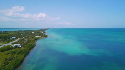 Fototapeta premium An aerial view of the expansive overseas highway bridge spanning the turquoise waters of the Gulf of Mexico and the Atlantic Ocean, with Long Key, United States, in the background.