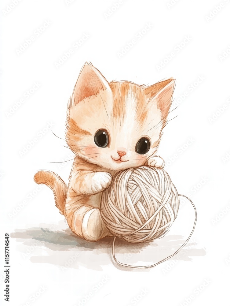 Aufkleber cute kitten plays joyfully with a ball of yarn in a bright and cheerful space for creative mock up. 