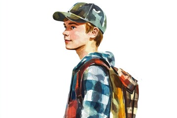 Fototapeta premium A young boy wearing a backpack and walking, possibly on an adventure or heading somewhere