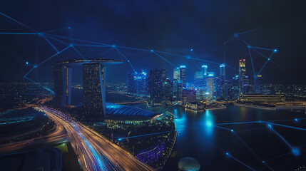 Smart digital Innovation city with connection network reciprocity over the cityscape. of future smart wireless digital city and social media networking systems that connects people with in city