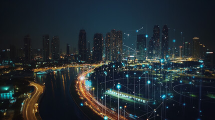 Fototapeta premium Smart digital Innovation city with connection network reciprocity over the cityscape. of future smart wireless digital city and social media networking systems that connects people with in city