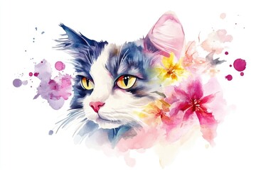 A whimsical illustration of a cat surrounded by flowers