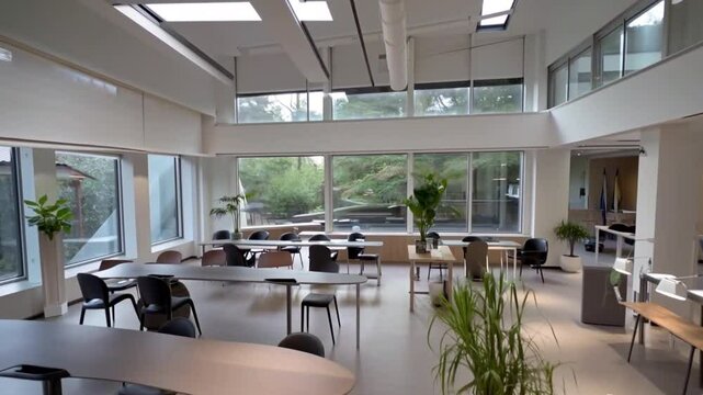 A communal workspace with large windows, indoor plants, and minimalist decor. The 0.5x view showcases its open design, blending modern aesthetics with natural elements.