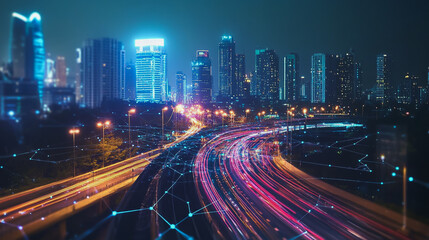 Fototapeta premium Smart digital Innovation city with connection network reciprocity over the cityscape. of future smart wireless digital city and social media networking systems that connects people with in city