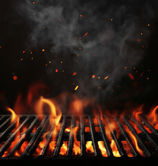 Close-up of a barbecue grill with intense flames and flying sparks. A perfect representation of outdoor cooking and summer gatherings.