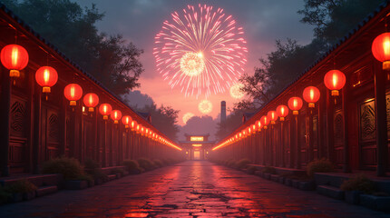 Street decorated with hanging red lanterns and fireworks for Chinese New Year
