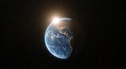 Fototapeta premium A stunning view of Earth from space, with the sun rising over the horizon. A dramatic celestial scene featuring stars and the beauty of our planet.
