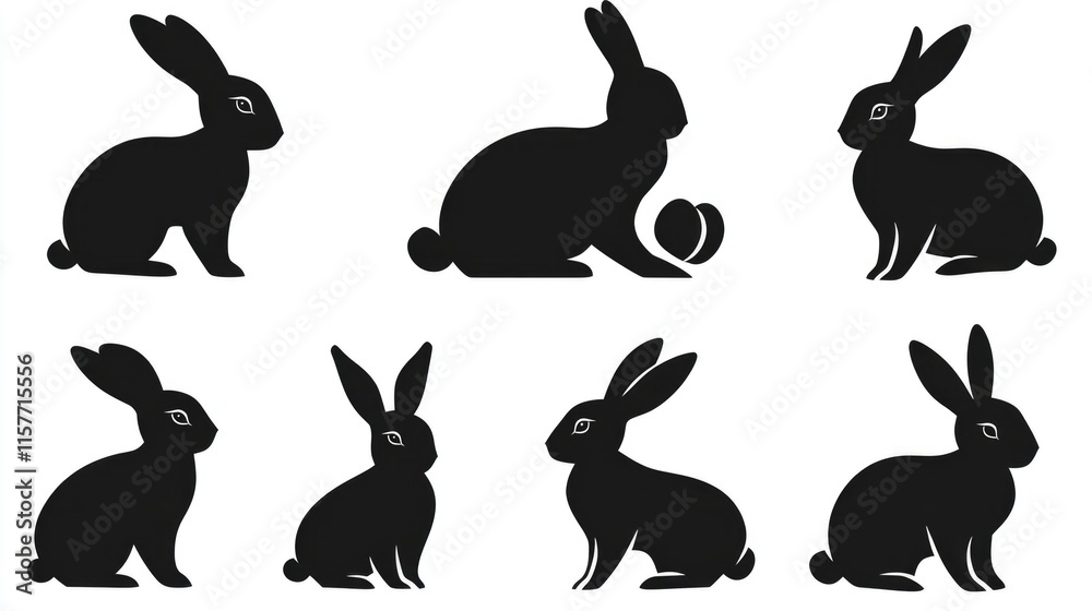 Poster Silhouette images of rabbits against a white background, ideal for use in design projects or as a symbol