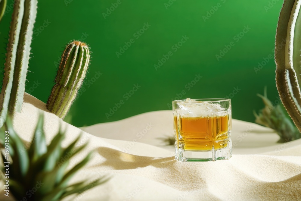 Poster a single glass of beer placed on the surface of the desert, with sand and cacti in the background
