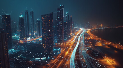 Fototapeta premium Smart digital Innovation city with connection network reciprocity over the cityscape. of future smart wireless digital city and social media networking systems that connects people with in city