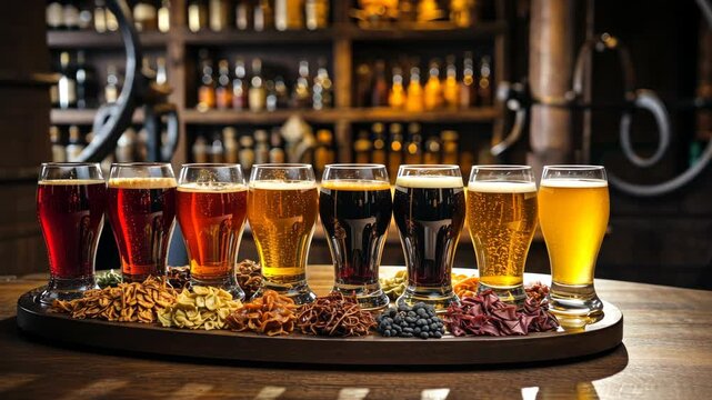 Exploring diverse craft beers with various flavors and colors in a cozy bar setting