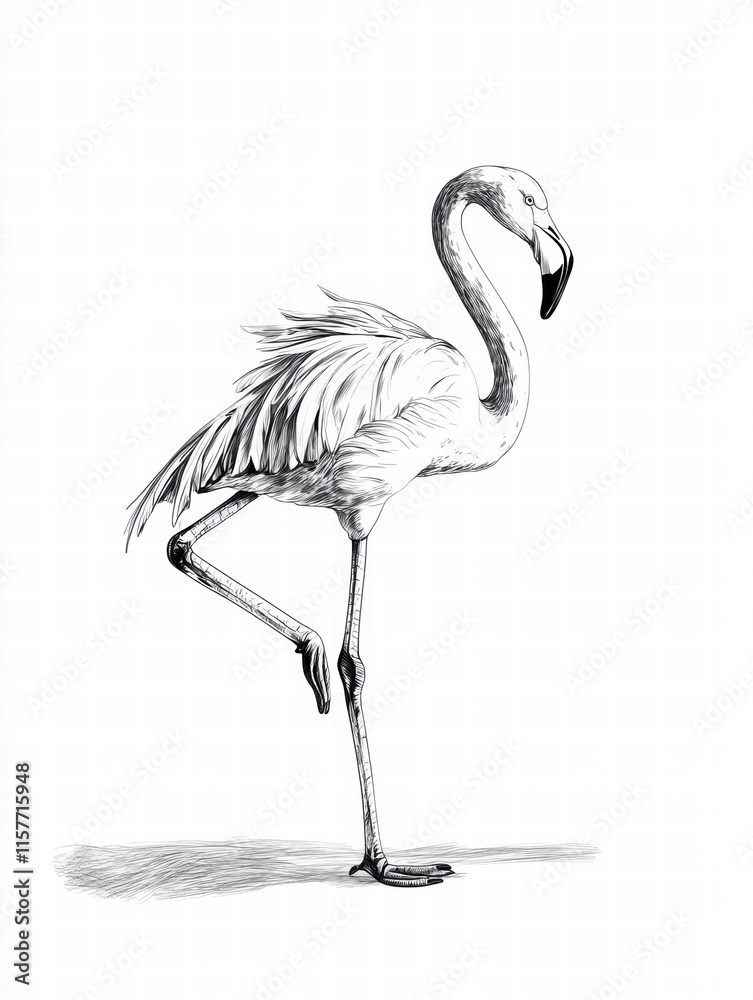 Poster Unique illustration of a graceful flamingo standing on one leg in a minimalist style with ample copy space for text. Generative AI