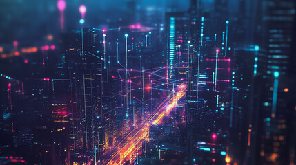 Obraz premium Smart digital Innovation city with connection network reciprocity over the cityscape. of future smart wireless digital city and social media networking systems that connects people with in city