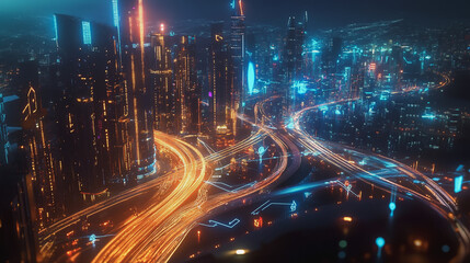 Fototapeta premium Smart digital Innovation city with connection network reciprocity over the cityscape. of future smart wireless digital city and social media networking systems that connects people with in city