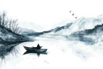 Fototapeta premium A person relaxing on a calm lake surrounded by nature