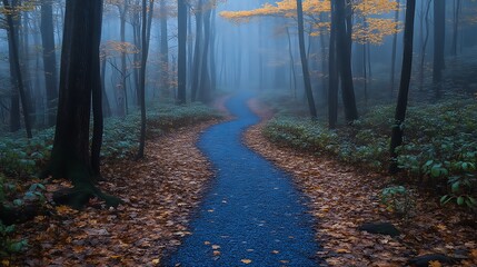 Misty Autumn Trail Through a Forest of Trees