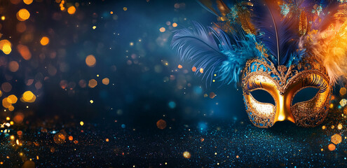 A glittering Mardi Gras carnival mask with feathers, set against a sparkly blue and gold background. Perfect for festive and holiday themes.