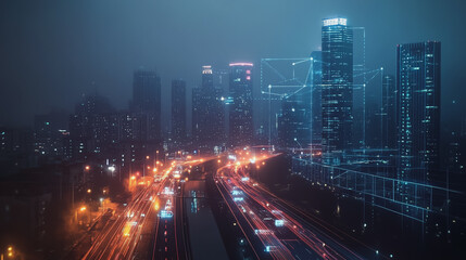 Fototapeta premium Smart digital Innovation city with connection network reciprocity over the cityscape. of future smart wireless digital city and social media networking systems that connects people with in city