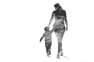 A mother and her young child walking together through a winter landscape, surrounded by snow-covered trees