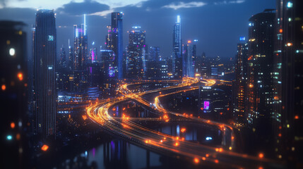 Fototapeta premium Smart digital Innovation city with connection network reciprocity over the cityscape. of future smart wireless digital city and social media networking systems that connects people with in city