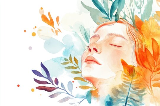 A watercolor painting of a woman with her eyes closed, suitable for use in meditation or relaxation themed content