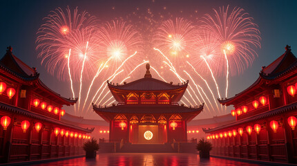 Fototapeta premium Traditional Asian temple illuminated by red lanterns and fireworks for Chinese New Year